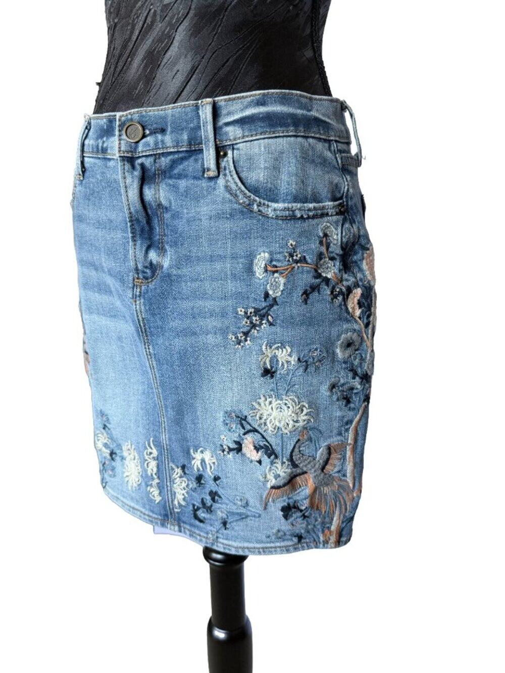 FREE PEOPLE | Driftwood Kate Embroidered Crane Bird Denim Mini Skirt 2